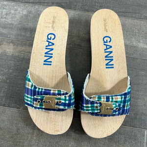 NEW Ganni x Dr Scholls Blue Plaid Pescura Heel Clogs